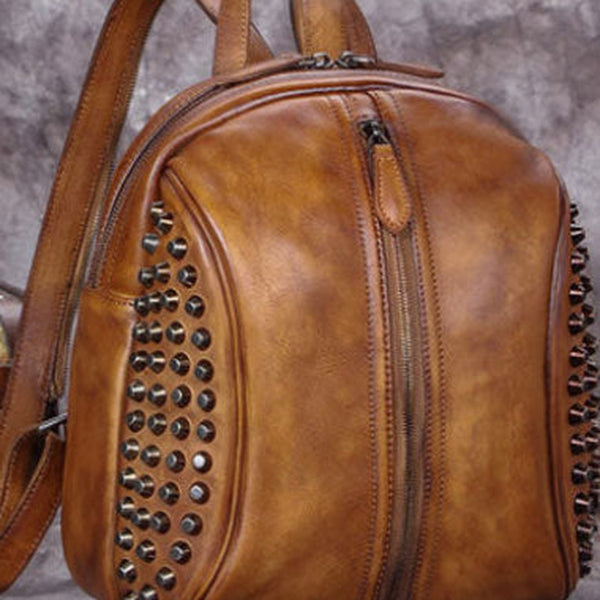 Genuine handmade Leather backpack bag rivet shoulder bag women leather purse