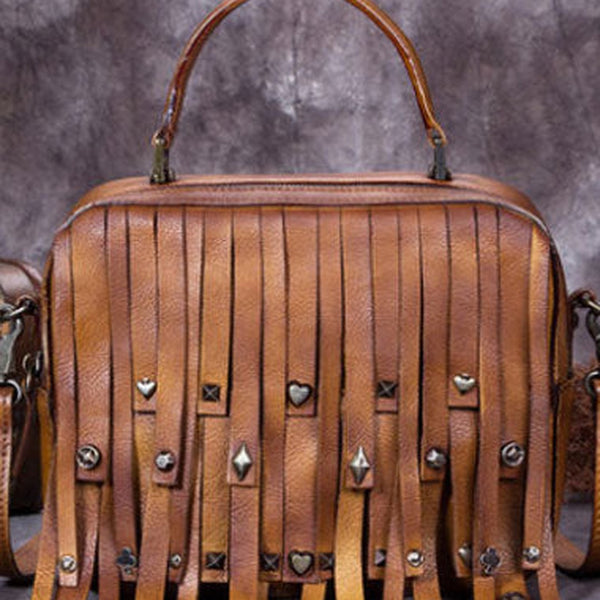 Genuine Leather Handbag Vintage Rivet Tassel Bag Crossbody Bag Shoulder Bag Purse For Women