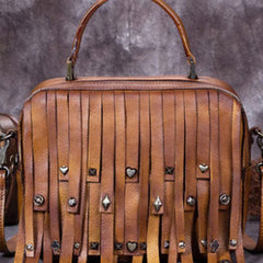 Genuine Leather Handbag Vintage Rivet Tassel Bag Crossbody Bag Shoulder Bag Purse For Women