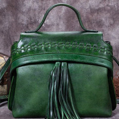 Genuine Leather Handbag Vintage Tassel Crossbody Bag Geometric Shoulder Bag Purse For Women