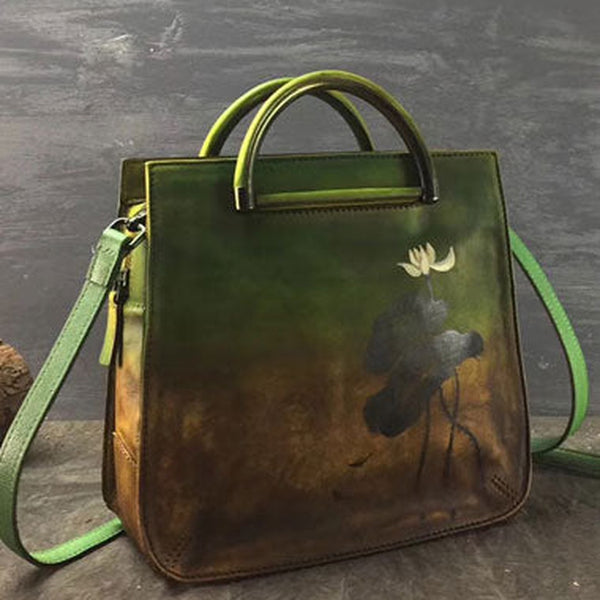 Genuine Leather Handbag Paiting Art Vintage Bag Crossbody Bag Shoulder Bag Purse For Women