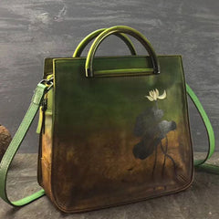 Genuine Leather Handbag Paiting Art Vintage Bag Crossbody Bag Shoulder Bag Purse For Women