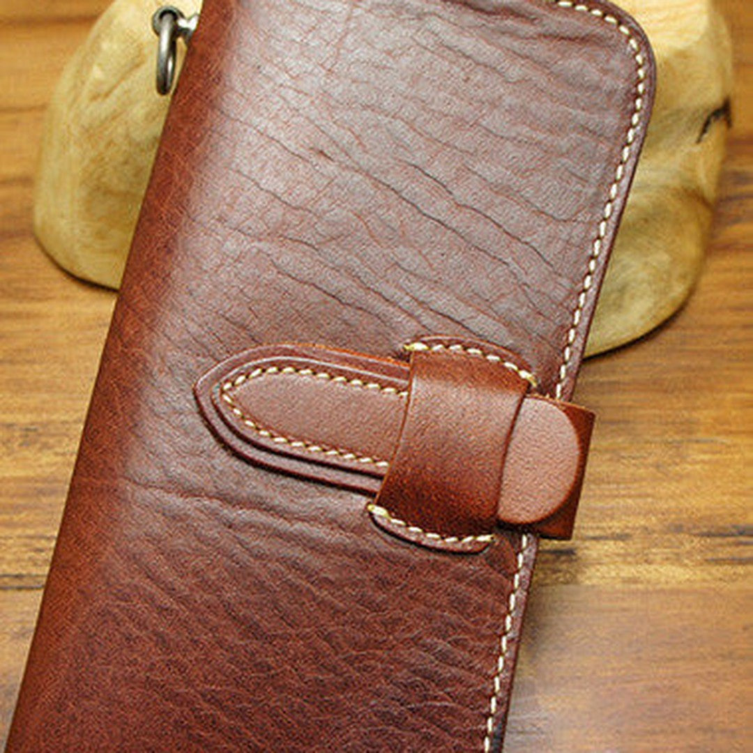 Handmade biker wallet leather with chain coffee red brown Long wallet purse for men