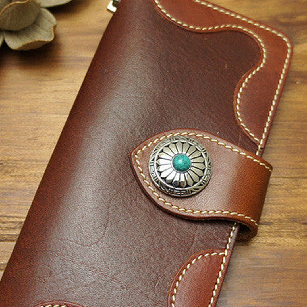 Handmade biker leather wallet with chain brown red brown Long wallet purse for men