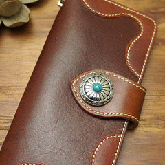Handmade biker leather wallet with chain brown red brown Long wallet purse for men
