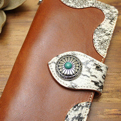 Handmade coffee biker wallet snake skin leather with chain Long wallet purse for men