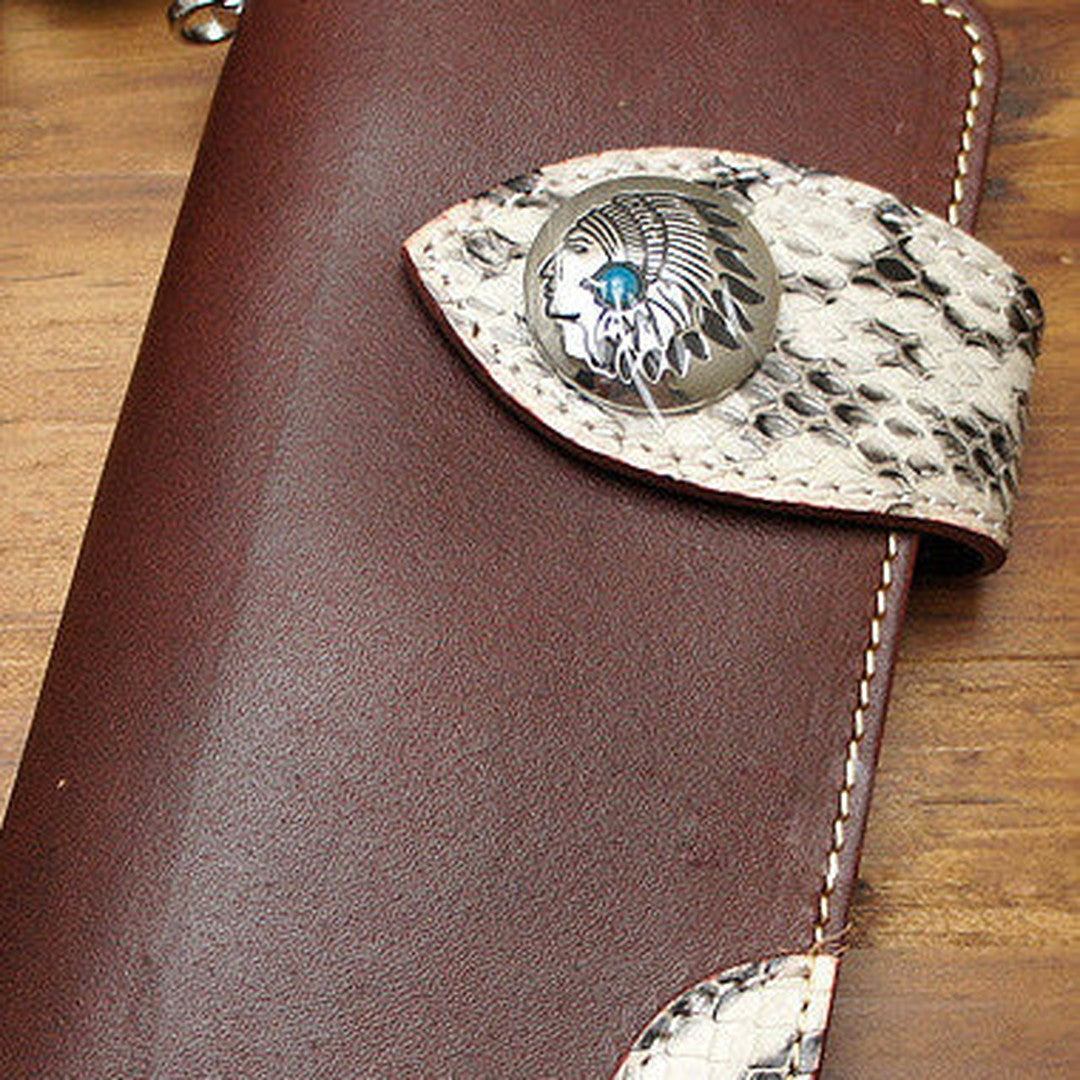 Handmade coffee brown biker wallet snake skin leather with chain Long wallet purse for men