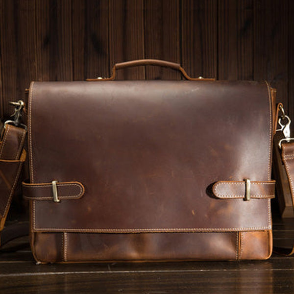 Vintage Mens Coffee Leather Briefcase Business Handbag Work Bag Side Bag for men