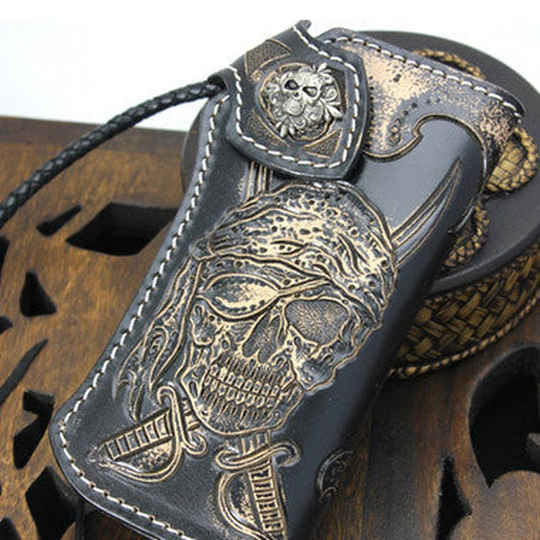 Handmade black leather punk skull pirate carved biker wallet Long wallet clutch for men