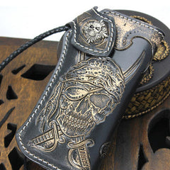 Handmade black leather punk skull pirate carved biker wallet Long wallet clutch for men