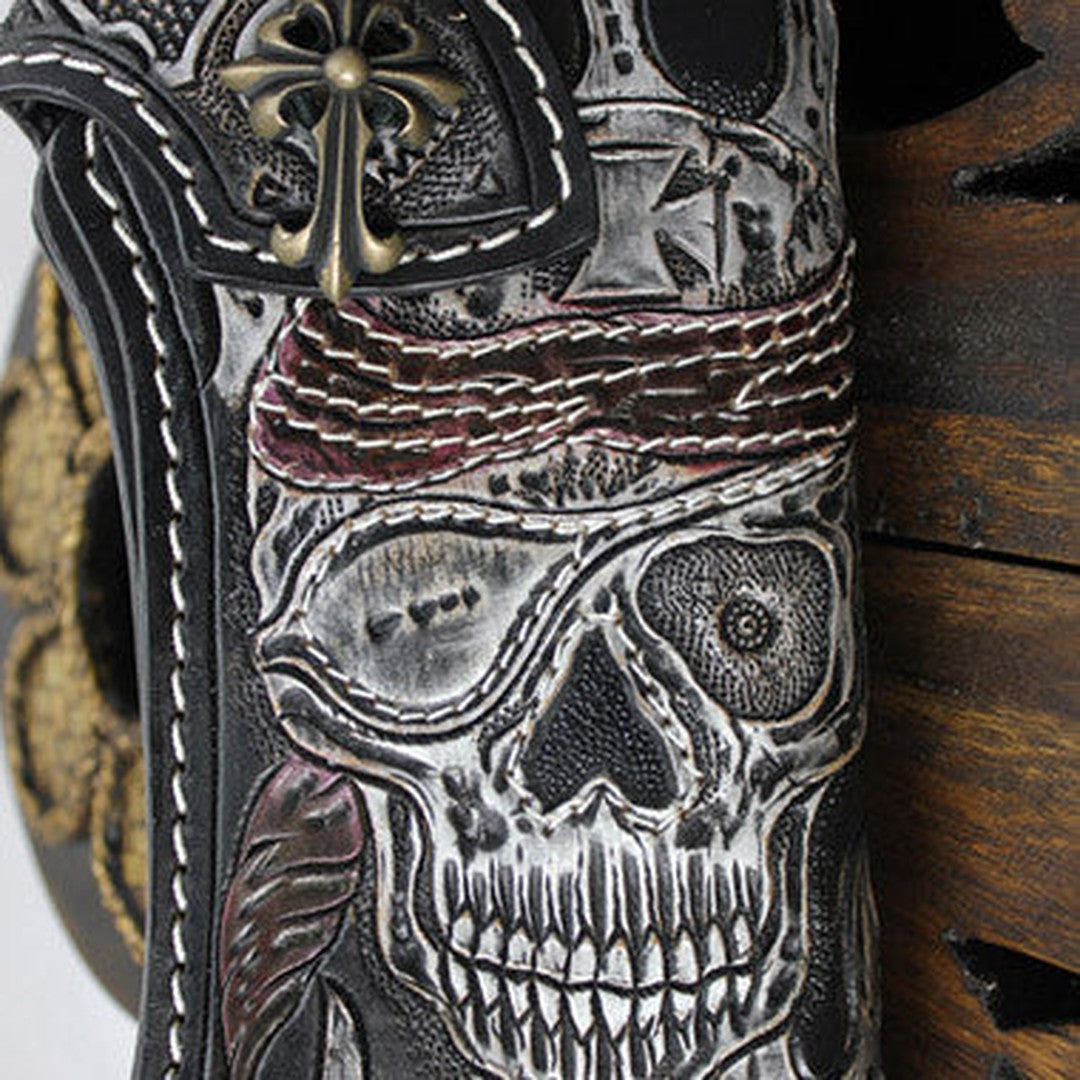 Handmade black leather punk vintage skull carved biker wallet Long wallet clutch for men
