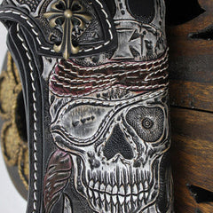 Handmade black leather punk vintage skull carved biker wallet Long wallet clutch for men