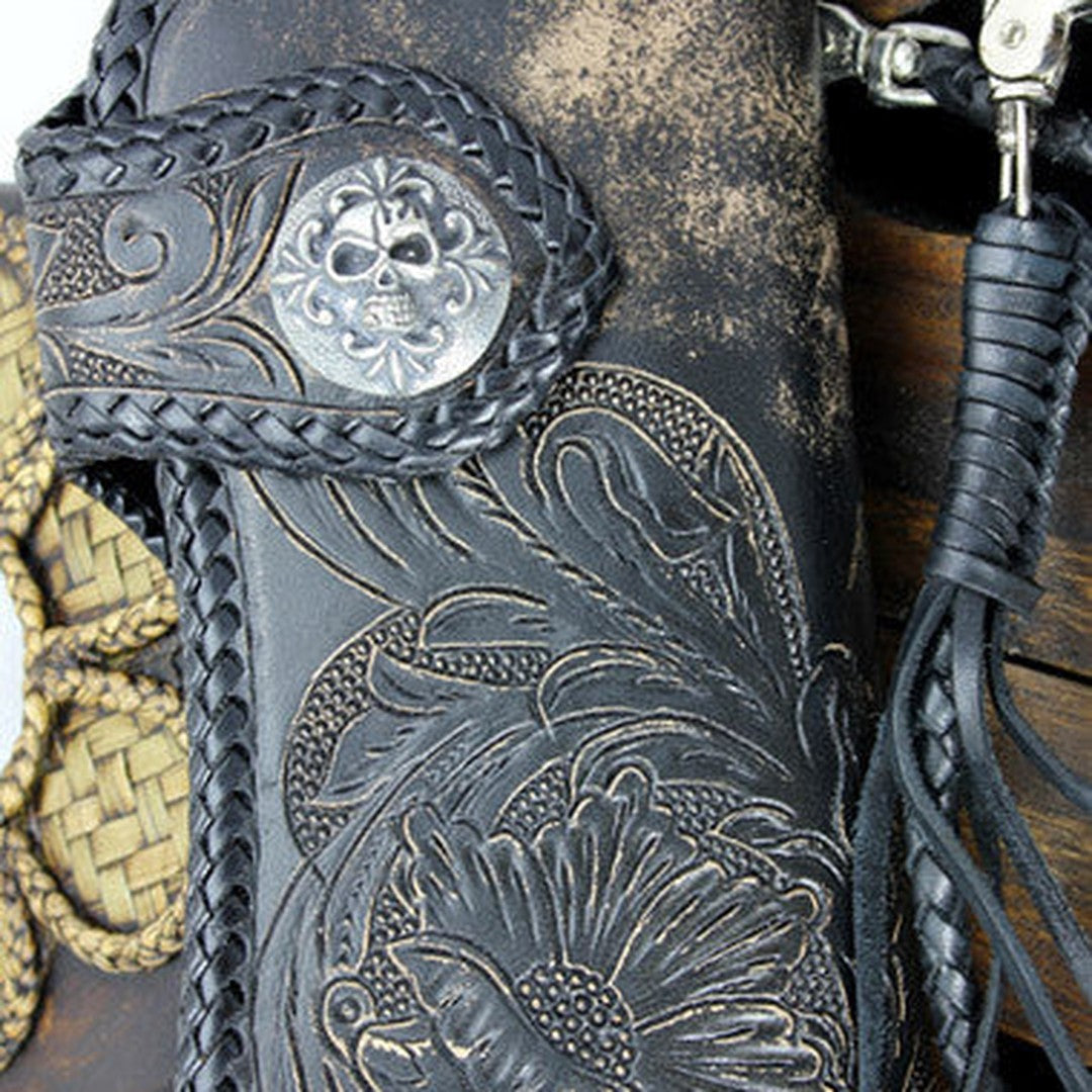 Handmade black leather floral grass punk carved biker wallet Long wallet clutch for men