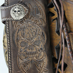 Handmade coffee leather punk Halley skull carved biker wallet Long wallet clutch for men