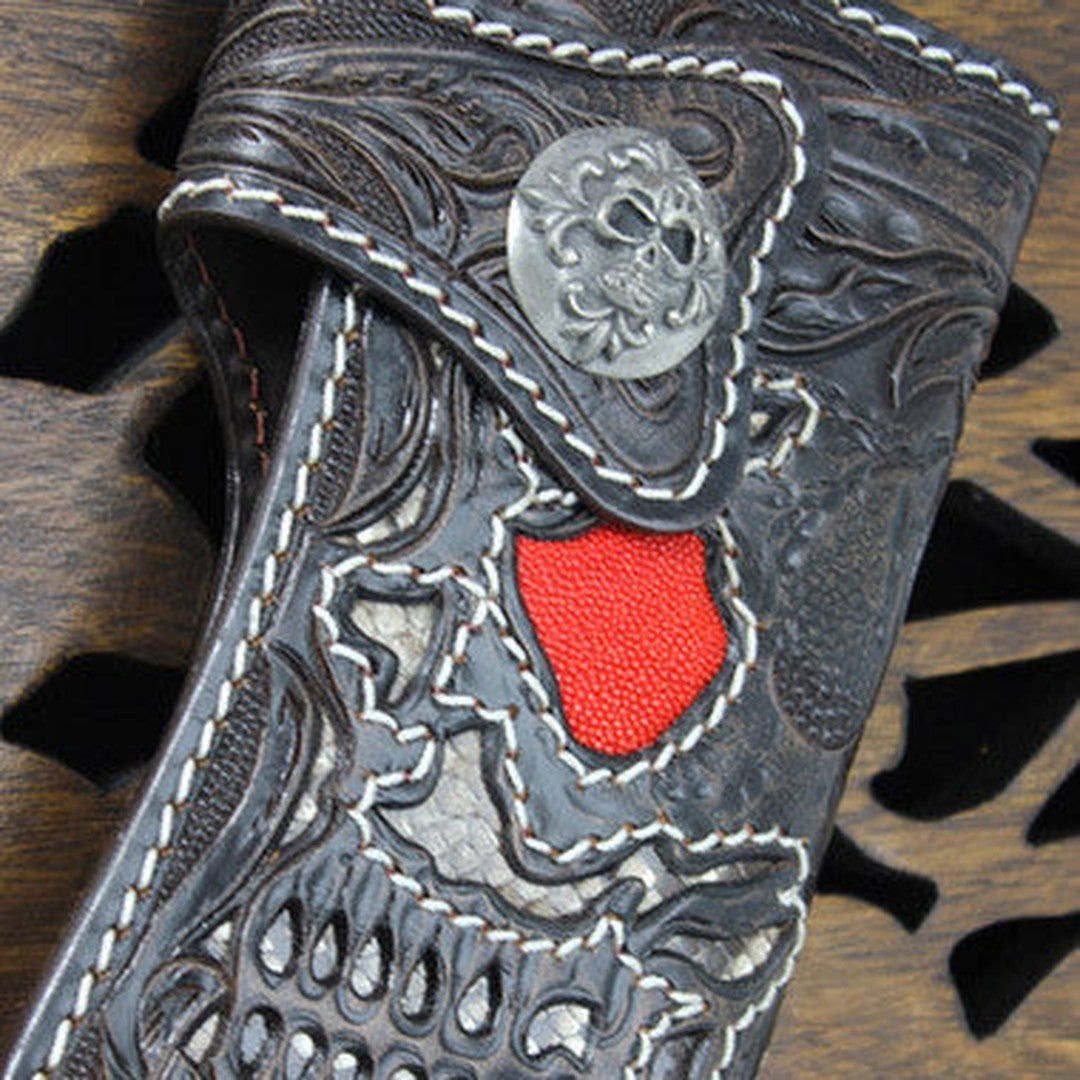 Handmade black coffee leather punk skull carved biker wallet Long wallet clutch for men