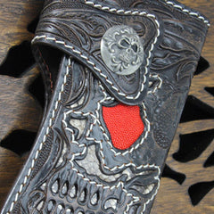 Handmade black coffee leather punk skull carved biker wallet Long wallet clutch for men