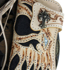 Handmade beige leather punk skull carved biker wallet Long wallet clutch for men