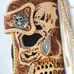 Handmade beige brown leather punk skull carved biker wallet Long wallet clutch for men