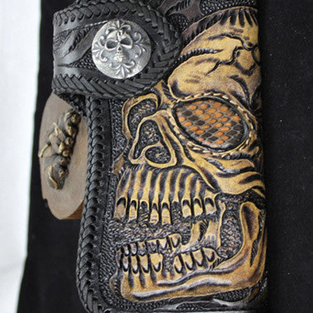 Handmade black leather punk Halley skull carved biker wallet Long wallet clutch for men