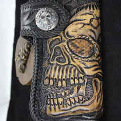 Handmade black leather punk Halley skull carved biker wallet Long wallet clutch for men