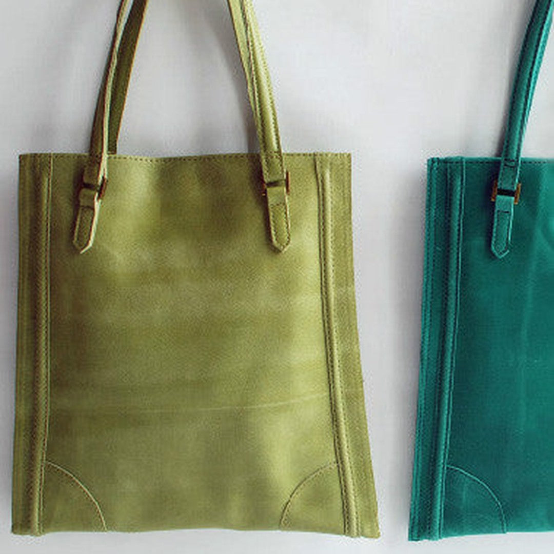 Handmade vintage modern green leather small tote shoulder bag handbag for women