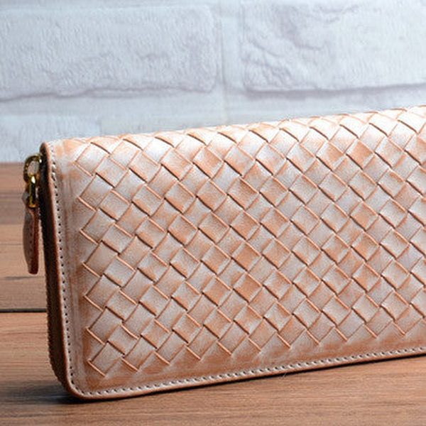 Handmade braided beige leather long wallet purse clutch Zipper men women