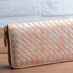 Handmade braided beige leather long wallet purse clutch Zipper men women