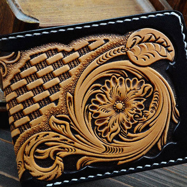 Handmade vintage black yellow leather floral billfold wallet purse tooled for men