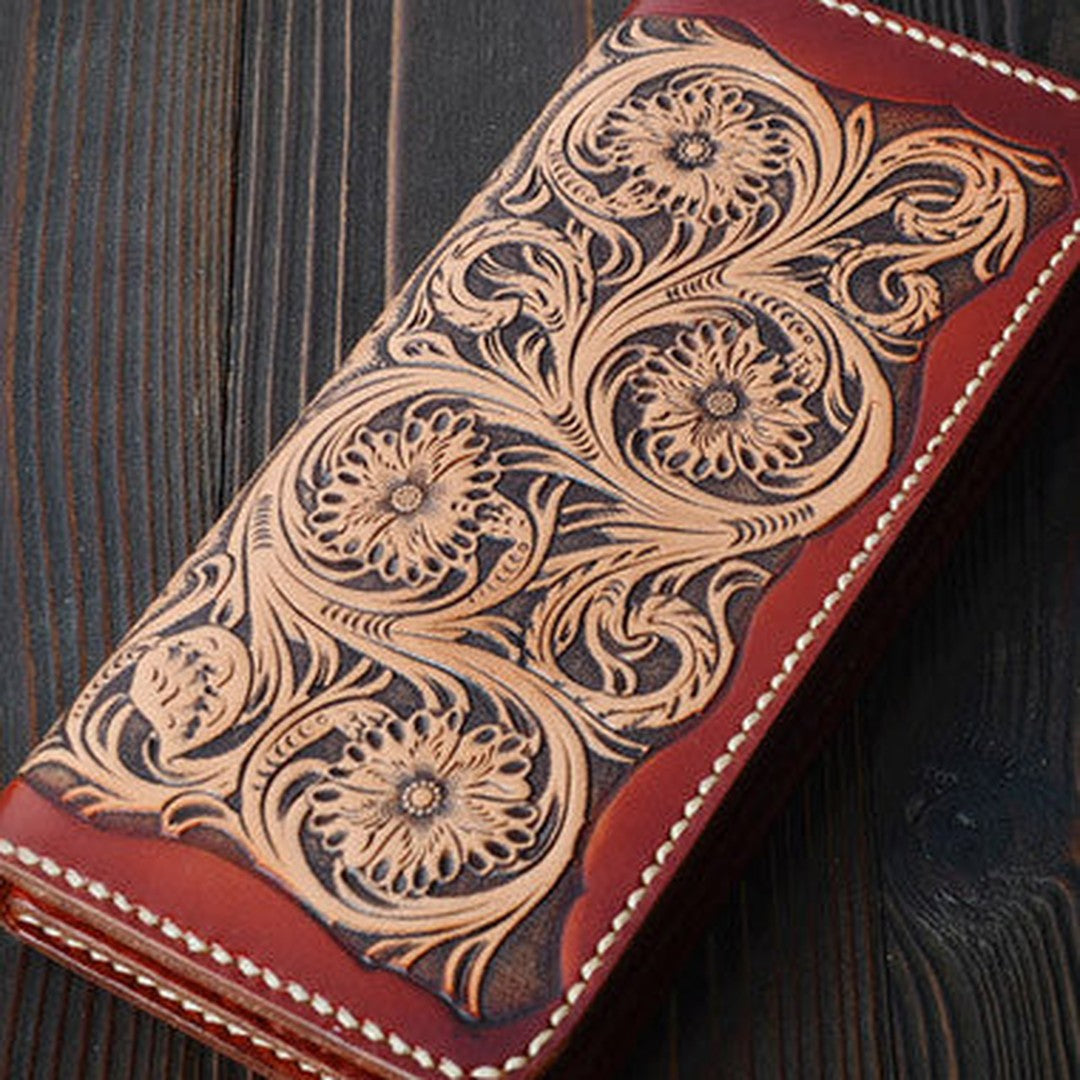 Handmade vintage black brown floral leather long wallet purse clutch for men