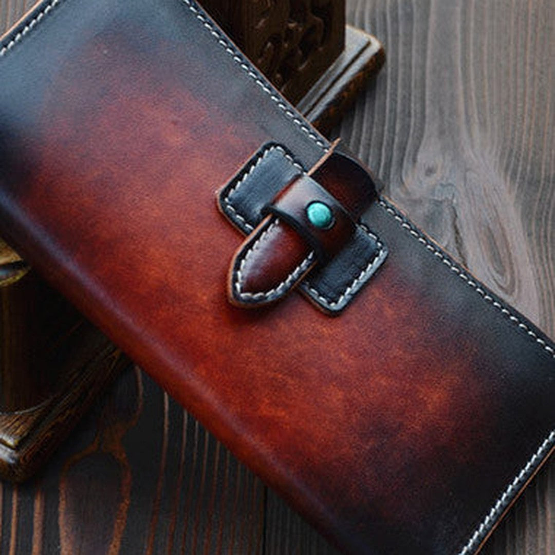 Handmade vintage dark brown leather long wallet purse clutch for men