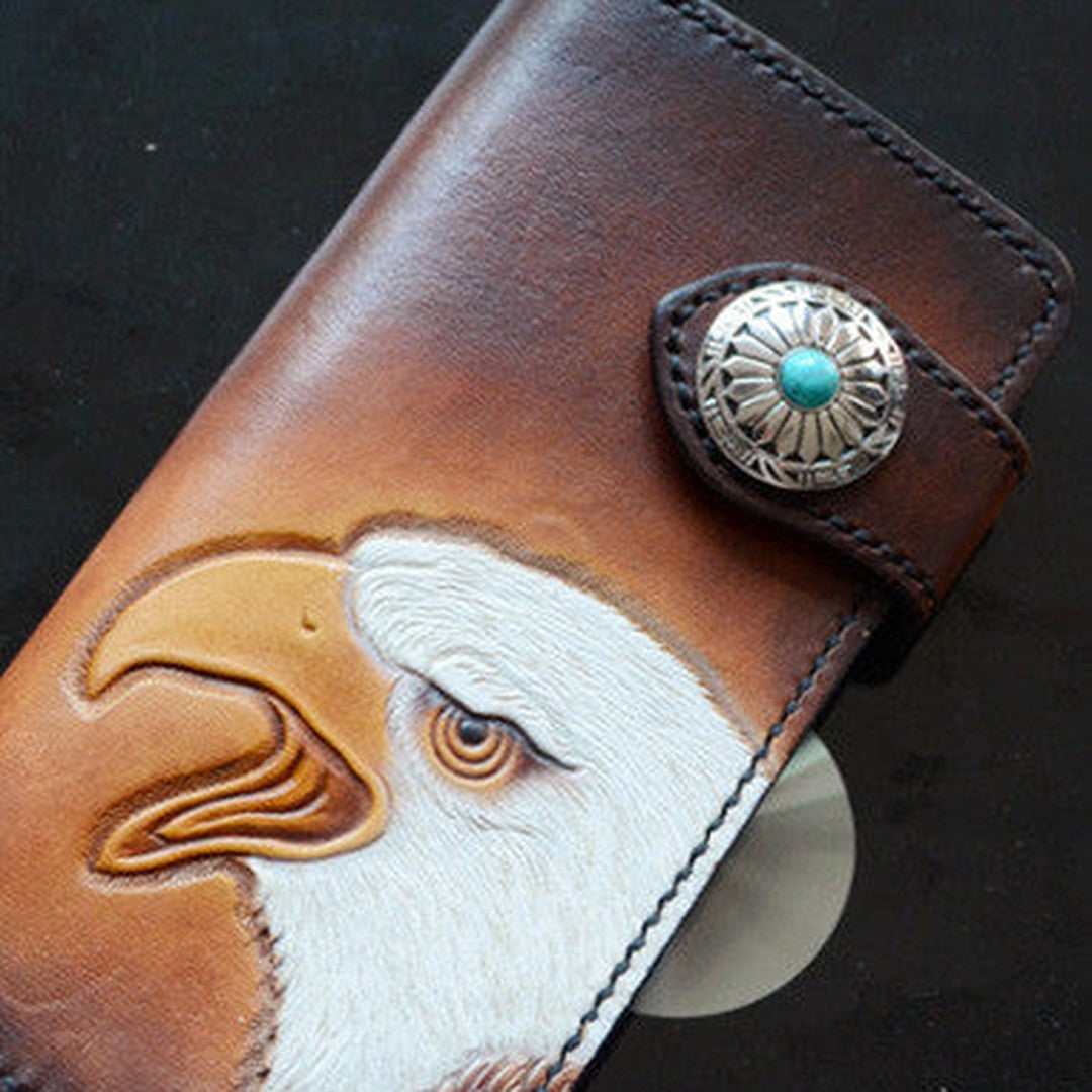 Handmade dark brown black eagle carved leather biker wallet bifold  phone long wallet purse clutch for men