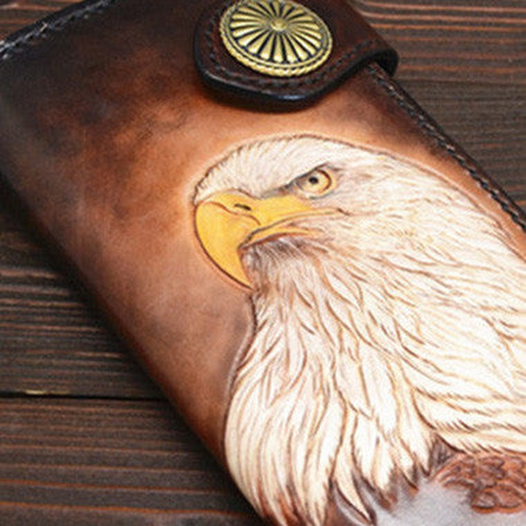 Handmade eagle dark brown black carved leather biker wallet bifold phone long wallet purse clutch for men