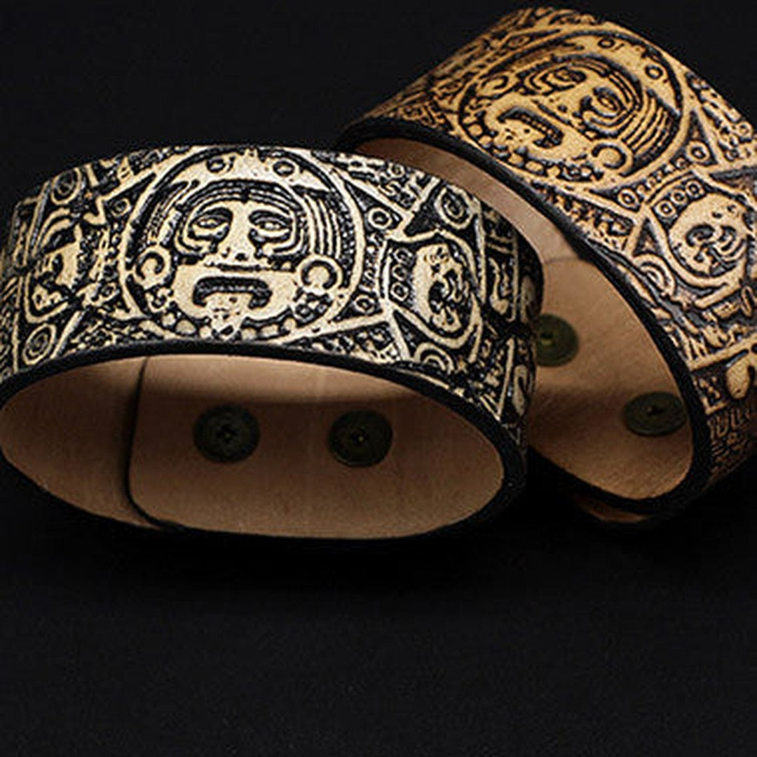 Handmade leather Mayan solar calendar carved leather bracelet accessories men