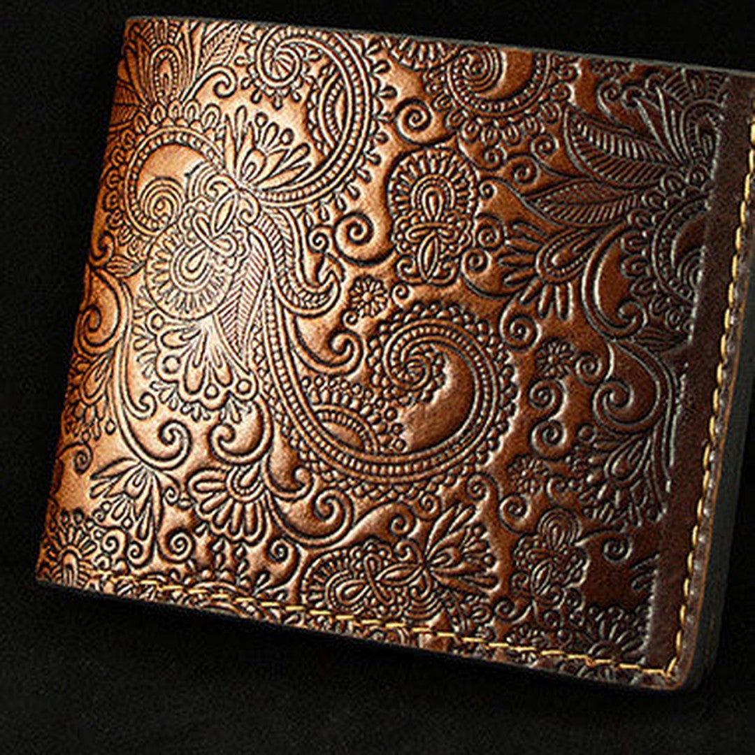 Handmade leather brown custom billfold wallet Cashew flowers carved for men him