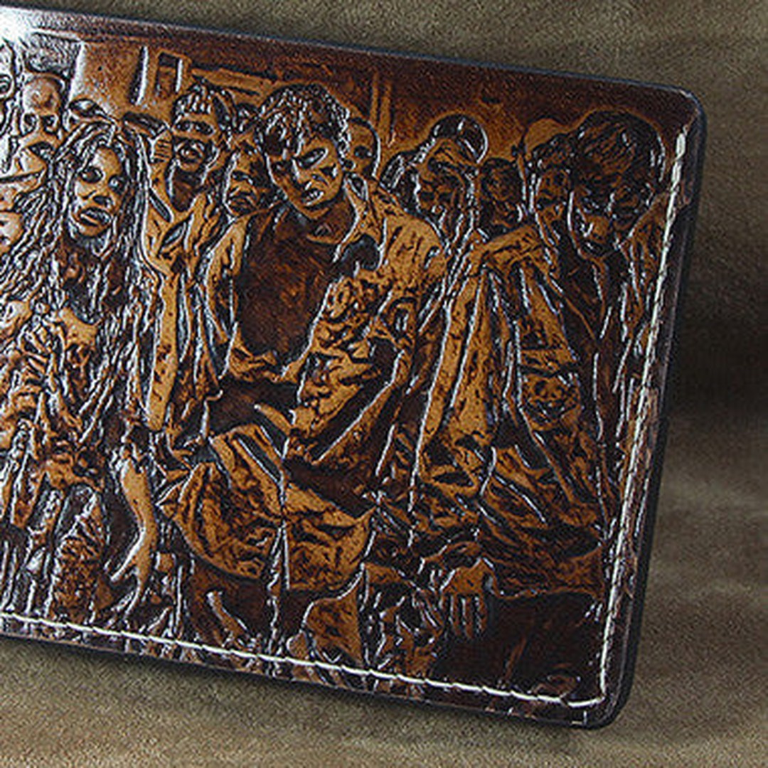 Handmade men leather wallet the walking dead billfold coffee carved custom for men