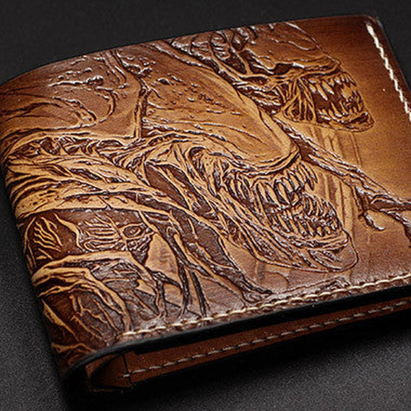 Handmade Alien tooled carved leather custom billfold wallet for men gamers fan