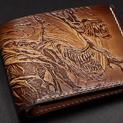 Handmade Alien tooled carved leather custom billfold wallet for men gamers fan