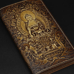 Handmade leather wallet Sakyamuni carved leather custom long wallet for men