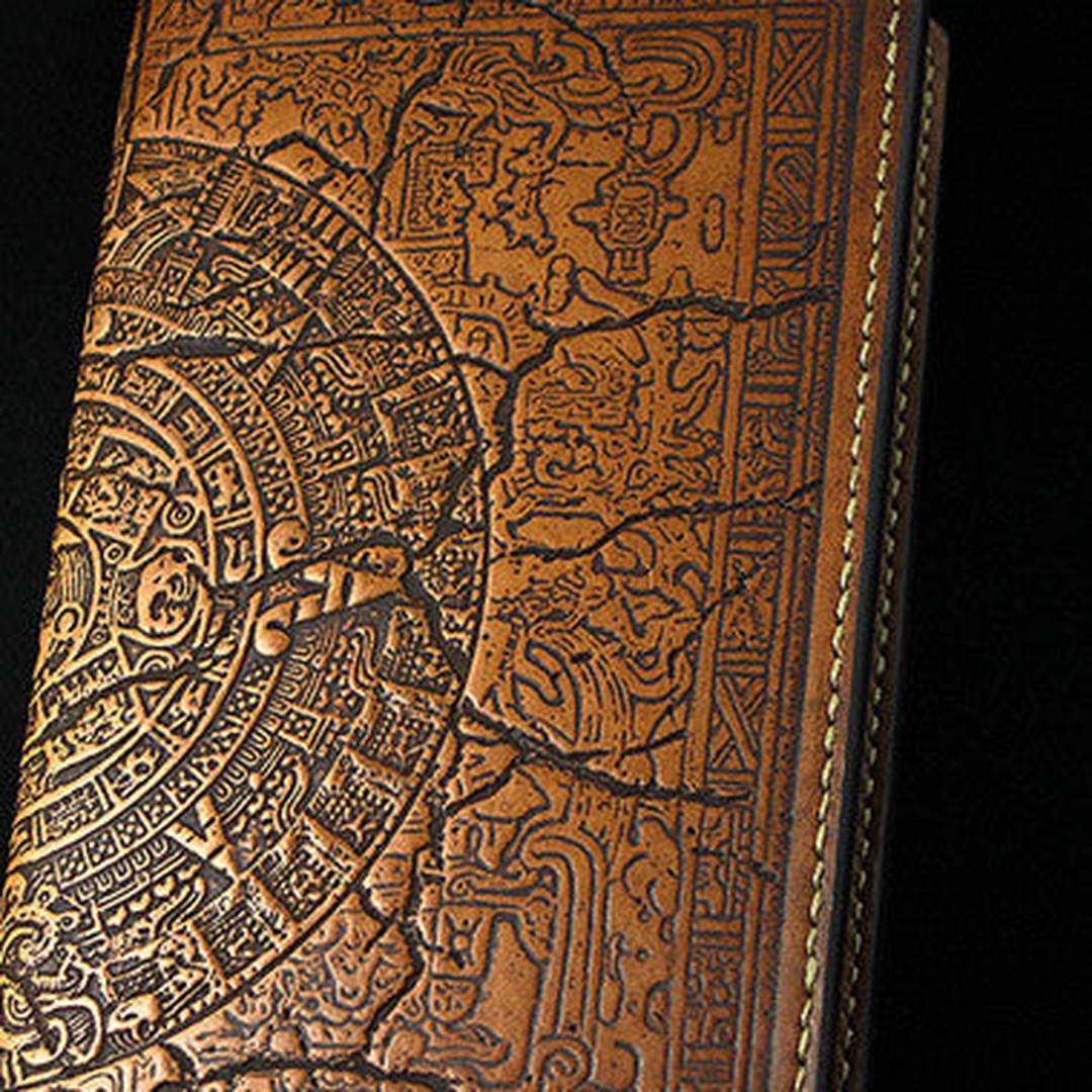 Handmade leather men wallet Mayan solar calendar carved leather custom long wallet for men