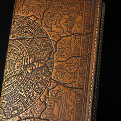 Handmade leather men wallet Mayan solar calendar carved leather custom long wallet for men