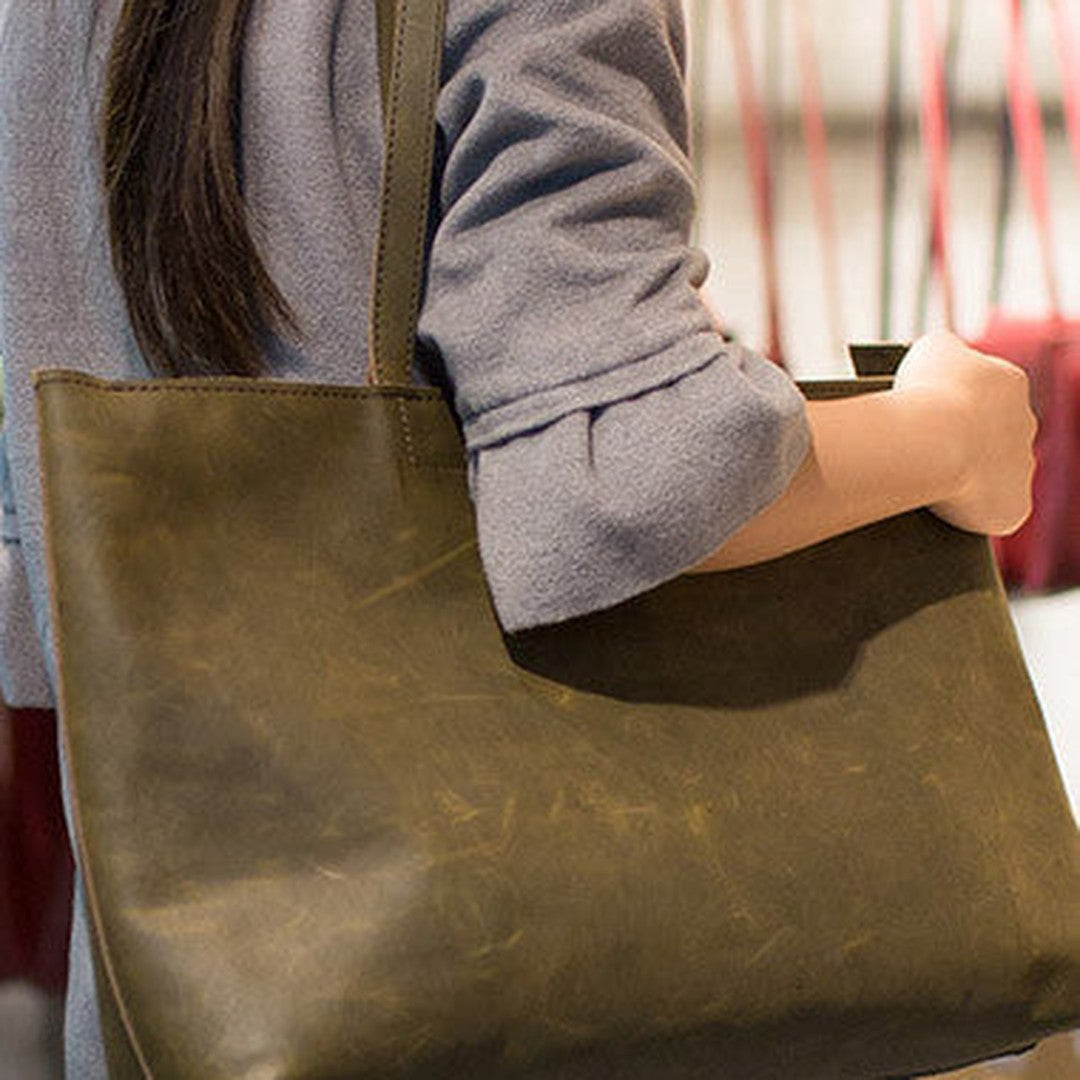 Handmade Leather vintage Big Large tote bag dark green for women leather shoulder bag