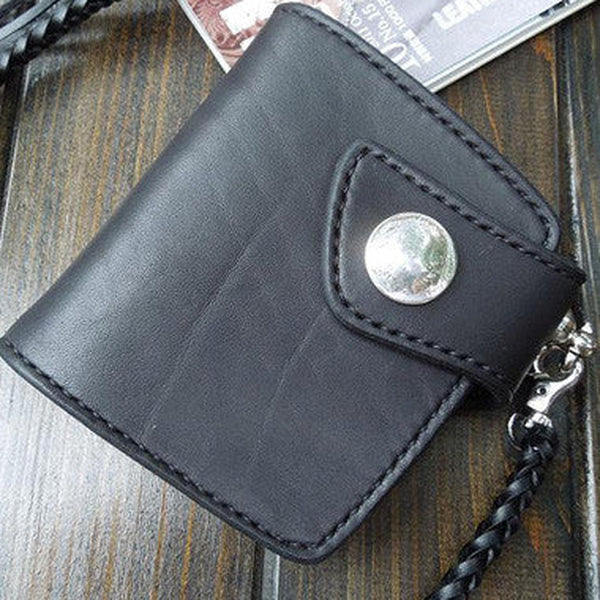 Handmade Leather Billfold Biker Wallet for Men – Black Natural Cowhide with Concho Snap & Zip Coin Pocket