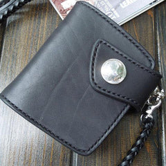 Handmade Leather Billfold Biker Wallet for Men – Black Natural Cowhide with Concho Snap & Zip Coin Pocket