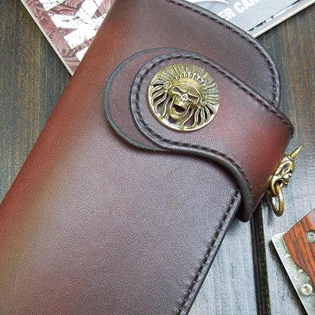 Handmade biker wallet red brown natural leather biker wallet chain bifold Long wallet for men