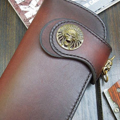 Handmade biker wallet red brown natural leather biker wallet chain bifold Long wallet for men