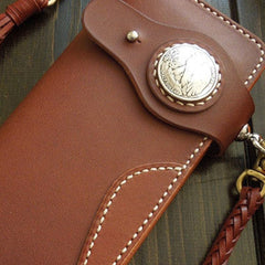 Handmade leather coffee biker wallet chain bifold Long wallet biker chain wallet for men