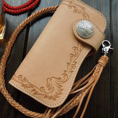 Handmade biker wallet carved bifold leather trucker wallet long floral wallet for men