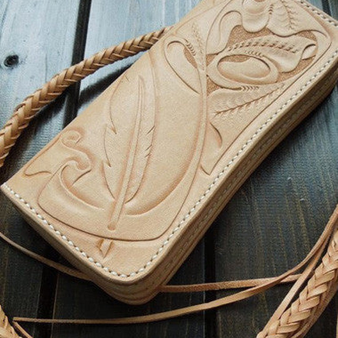 Handmade biker wallet carved trucker wallet chain leather long floral wallet for men