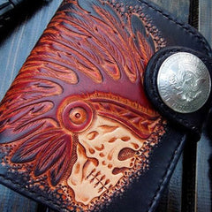 Handmade Carved Leather Billfold Biker Wallet for Men – Black Indian Skull with Concho Snap