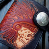 Handmade Carved Leather Billfold Biker Wallet for Men – Black Indian Skull with Concho Snap